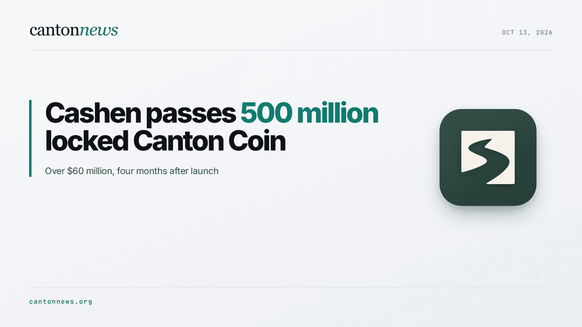 Cashen passes 500 million locked Canton Coin, worth over $60 million