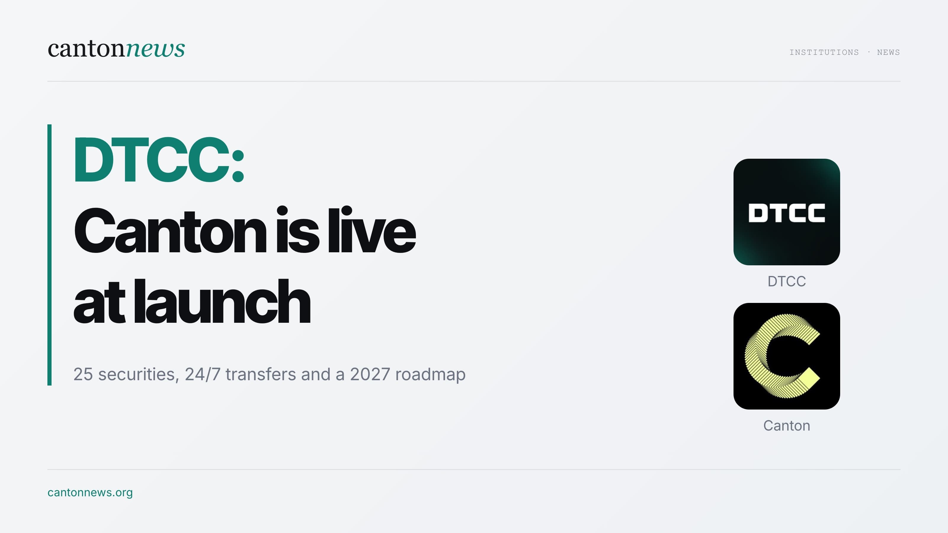 DTCC details its Tokenization Service: Canton live at launch, 25 securities and a 2027 roadmap